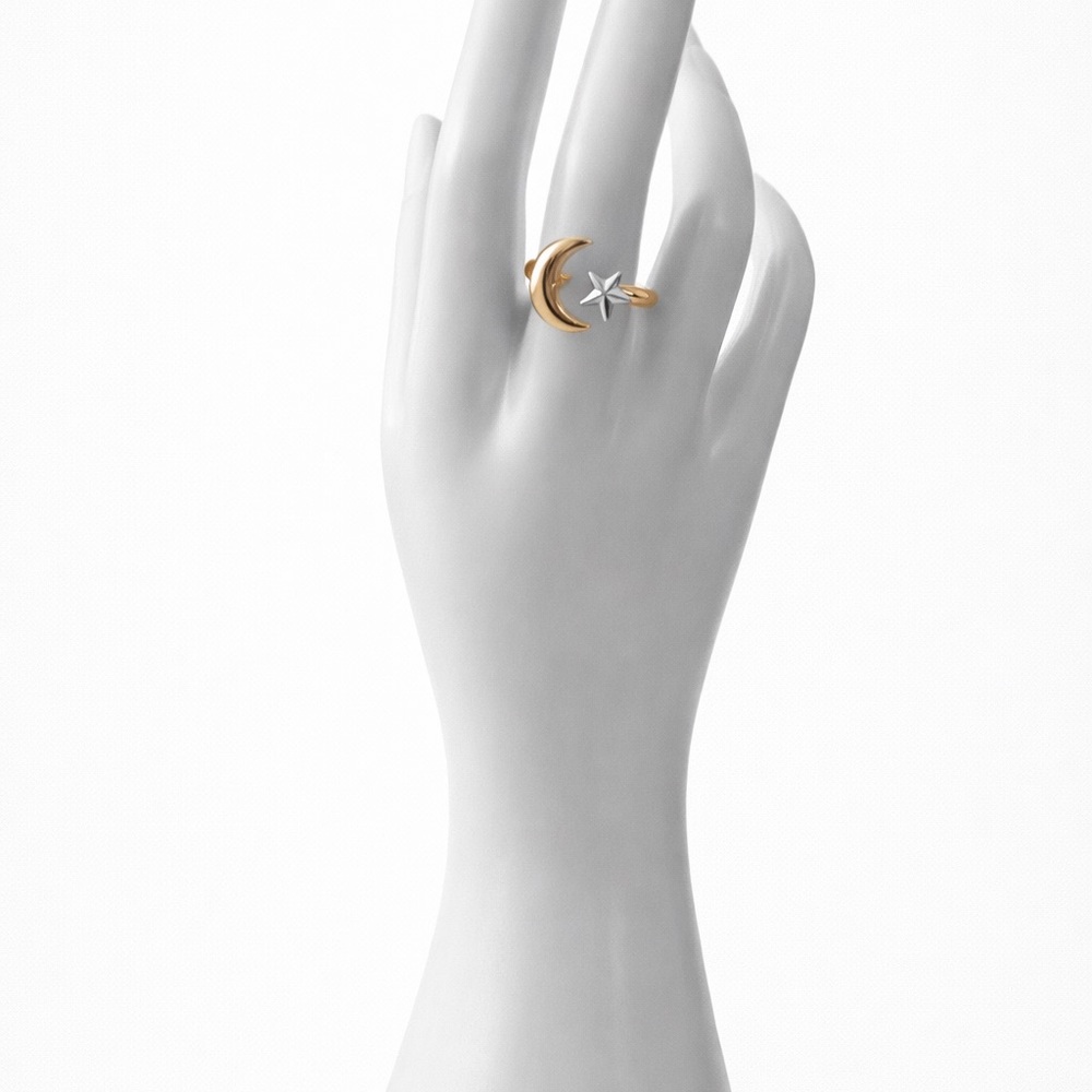 Stainless Steel Adjustable Crescent Moon and Star Ring | Two Tone